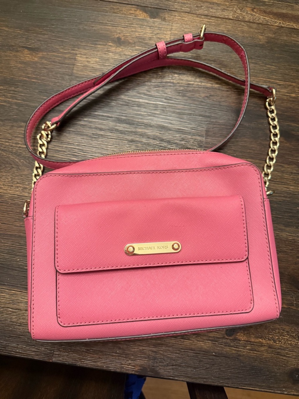 Michael Kors Hot Pink Leather Crossbody with Gold Chain Strap